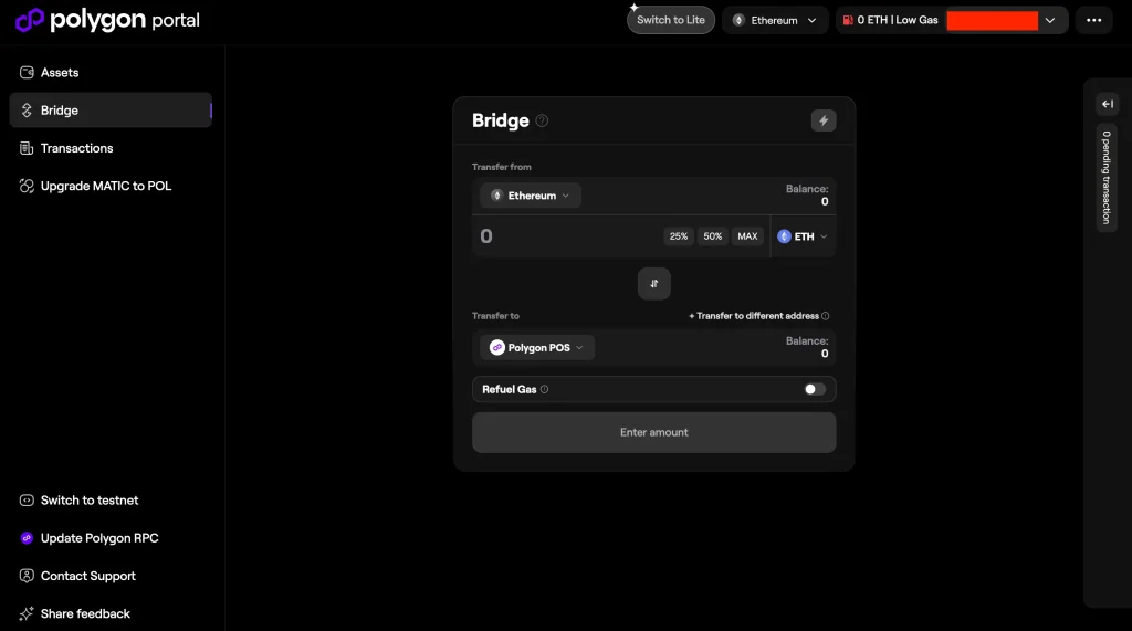 Step 2. Select Token, Enter Amount, and Start the Bridge Transaction