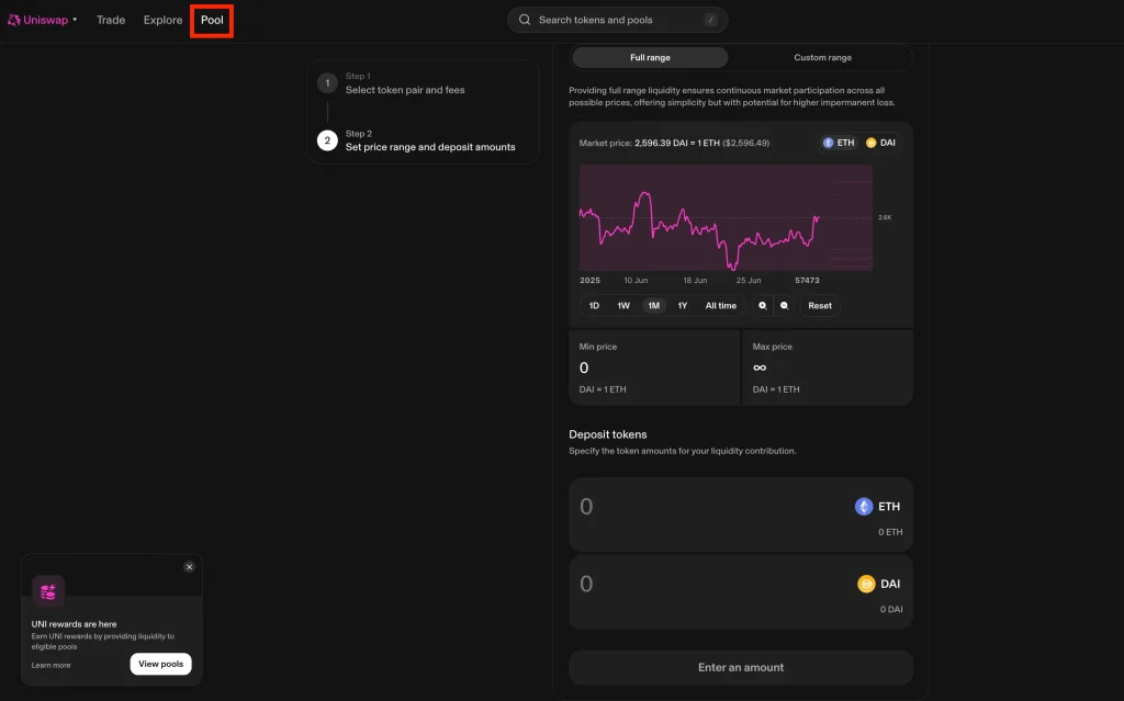 Step 1. Go to the "Pool" Tab, Press "Create Position", and Select Your Tokens