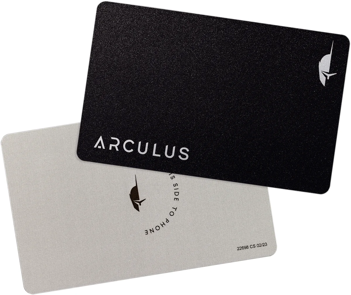 Black Arculus card front and the back of a card marked this side to phone