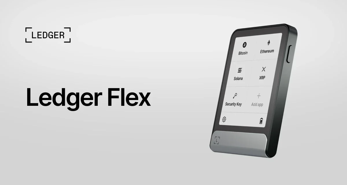 Ledger Flex hardware wallet showing its E Ink touchscreen, used here to hold a Base account