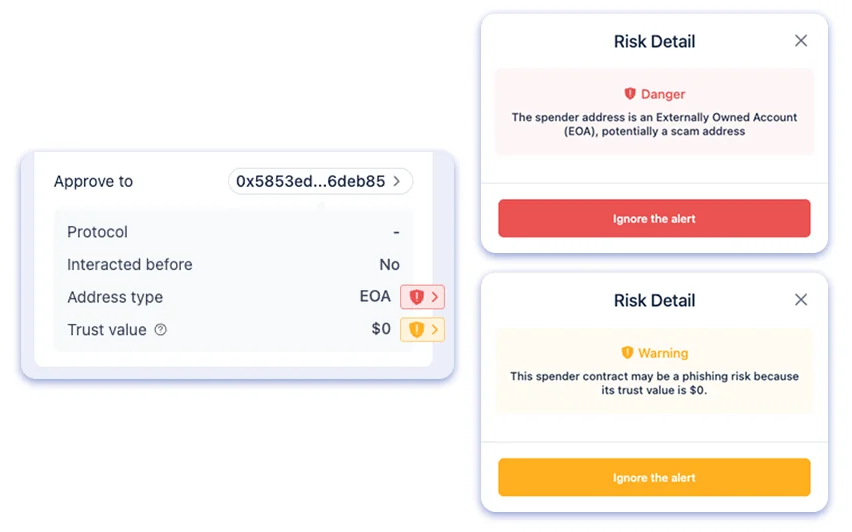 Rabby Wallet security warnings flagging a risky spender before a signature on an EVM chain such as Base