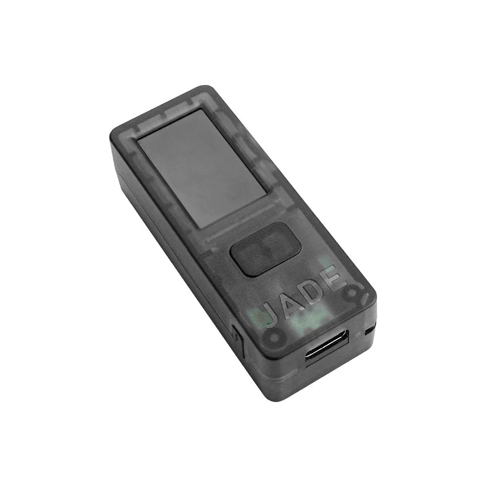 Blockstream Jade hardware wallet in transparent black, front view with its display and click-wheel