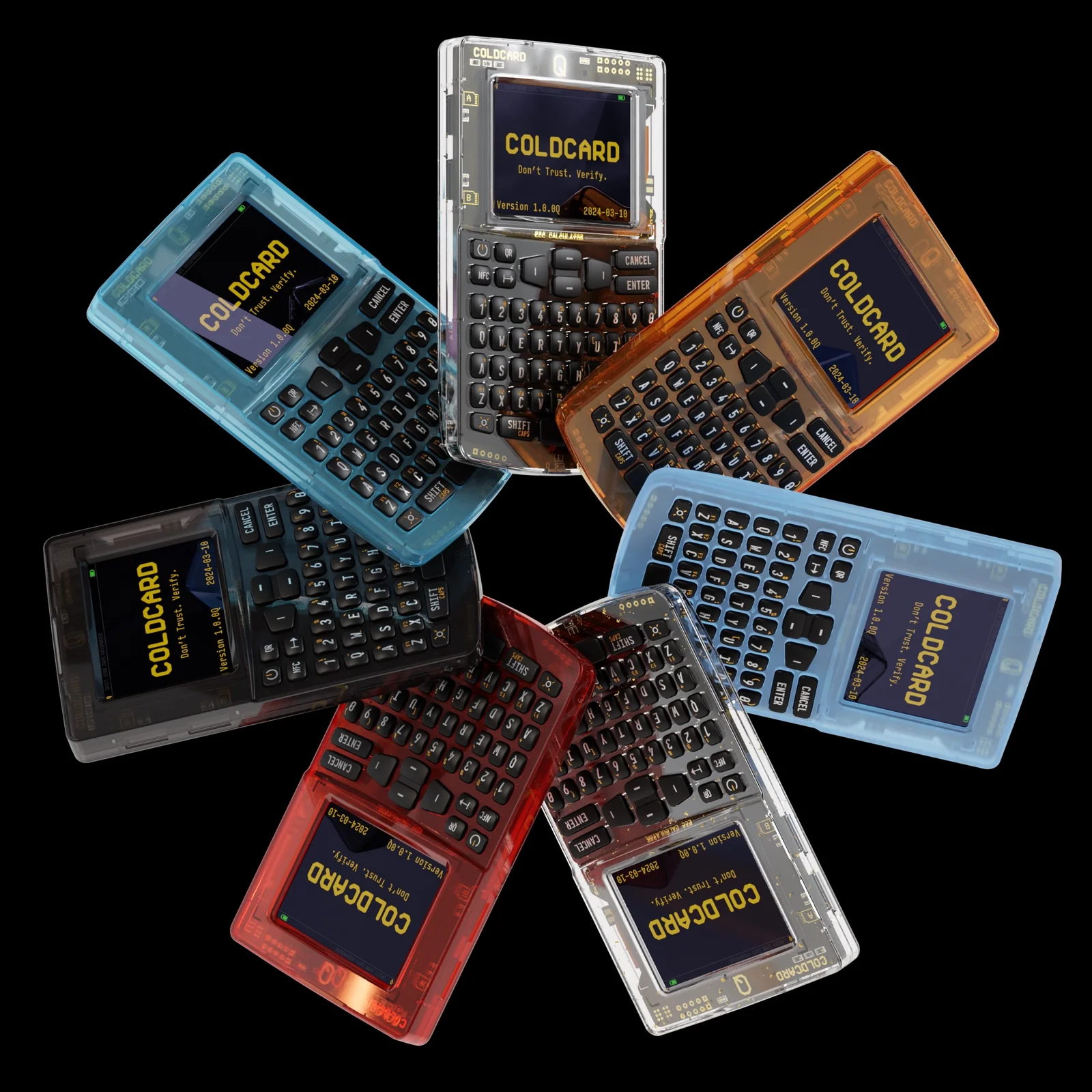 COLDCARD Q Bitcoin-only hardware wallets in several transparent case colors, showing the keyboard and screen