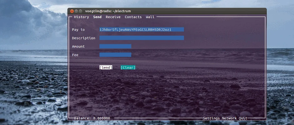 Electrum Bitcoin wallet send screen showing Pay to, Description, Amount and Fee fields