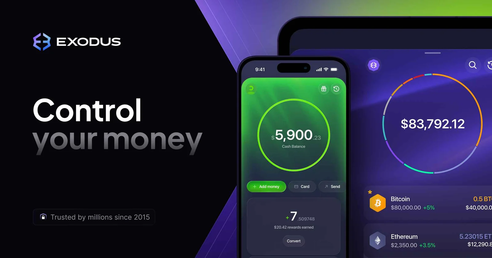 Exodus wallet app shown on a phone and tablet with cash balance, Bitcoin and Ethereum holdings