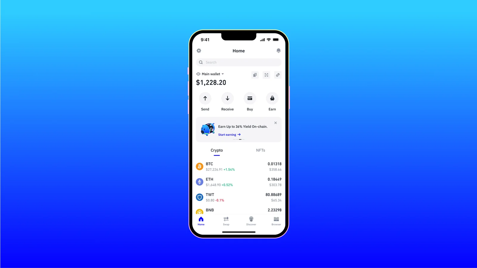 Trust Wallet mobile app home screen with Send, Receive, Buy and Earn buttons above a list of crypto balances