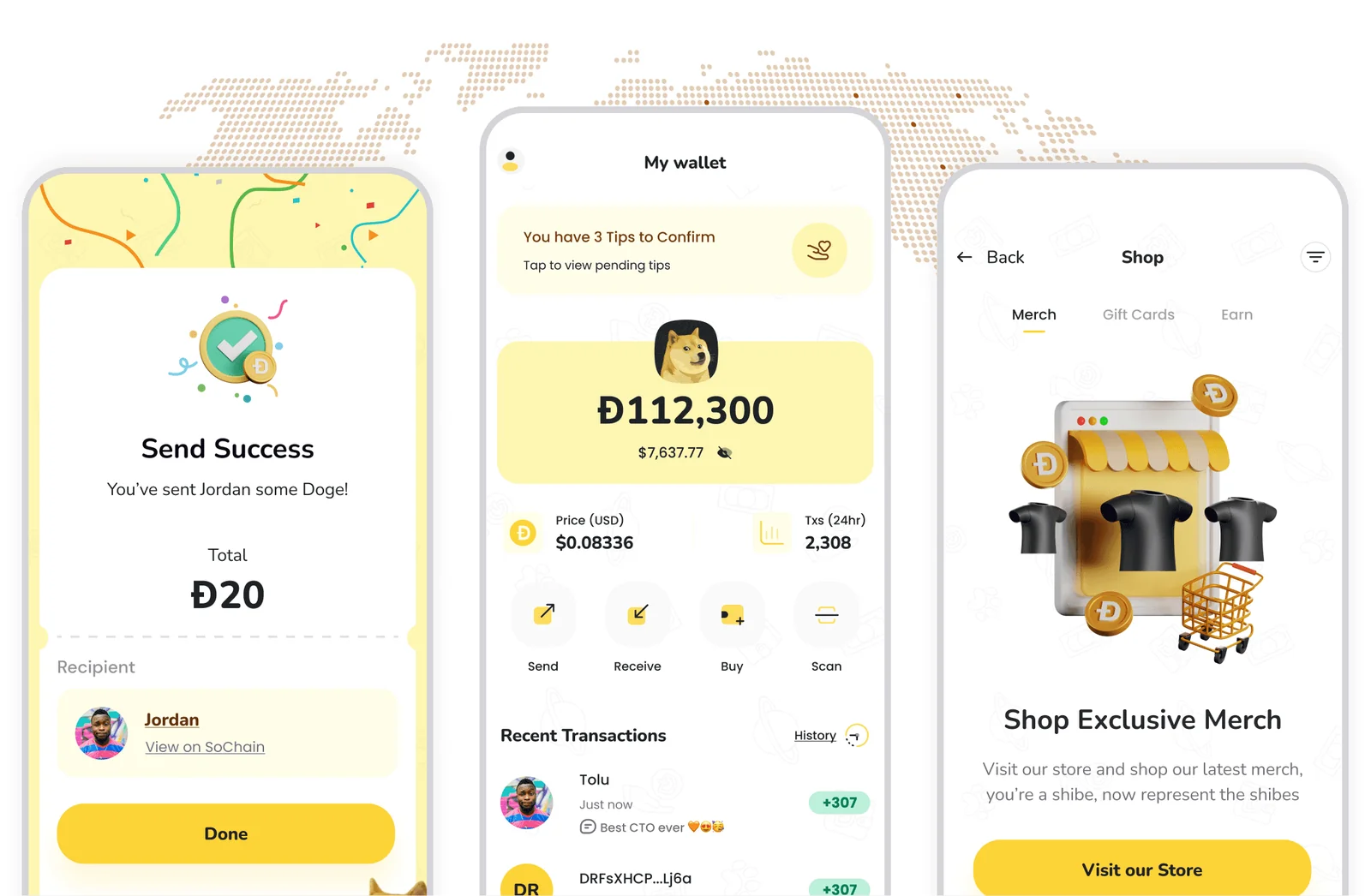 Three MyDoge Dogecoin wallet screens on phones showing a send confirmation, a DOGE balance with Send, Receive, Buy and Scan buttons, and the gift card shop