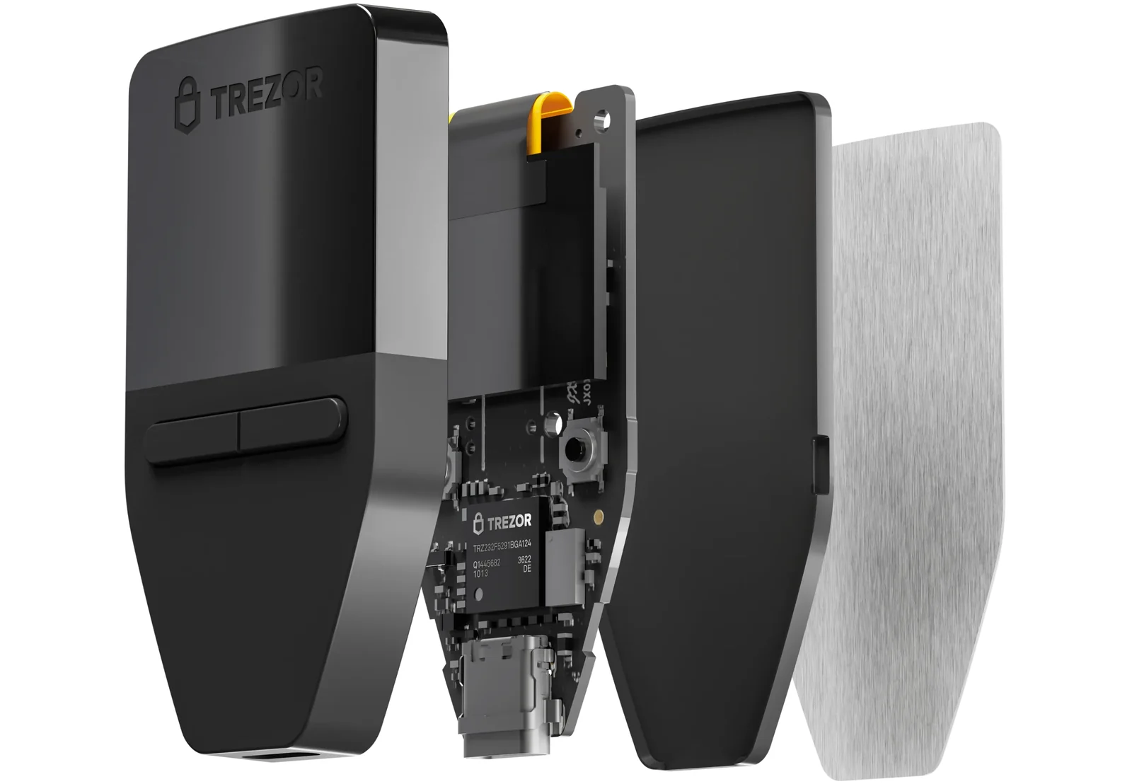 Exploded view of the Trezor Safe 3 hardware wallet, showing the two-button case, the circuit board and the EAL6+ secure element chip that guards Dogecoin keys