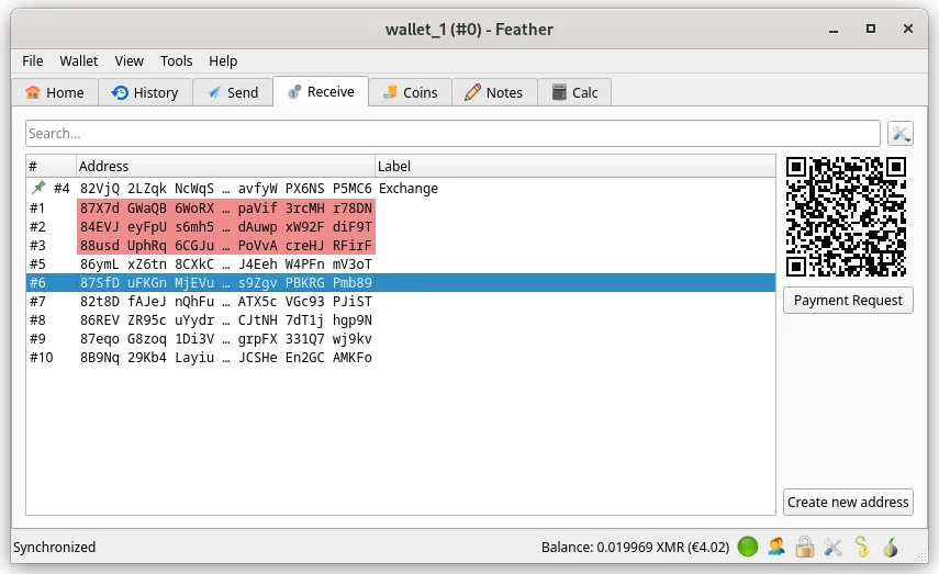Feather Wallet Monero desktop app on the Receive tab, listing subaddresses with a QR code