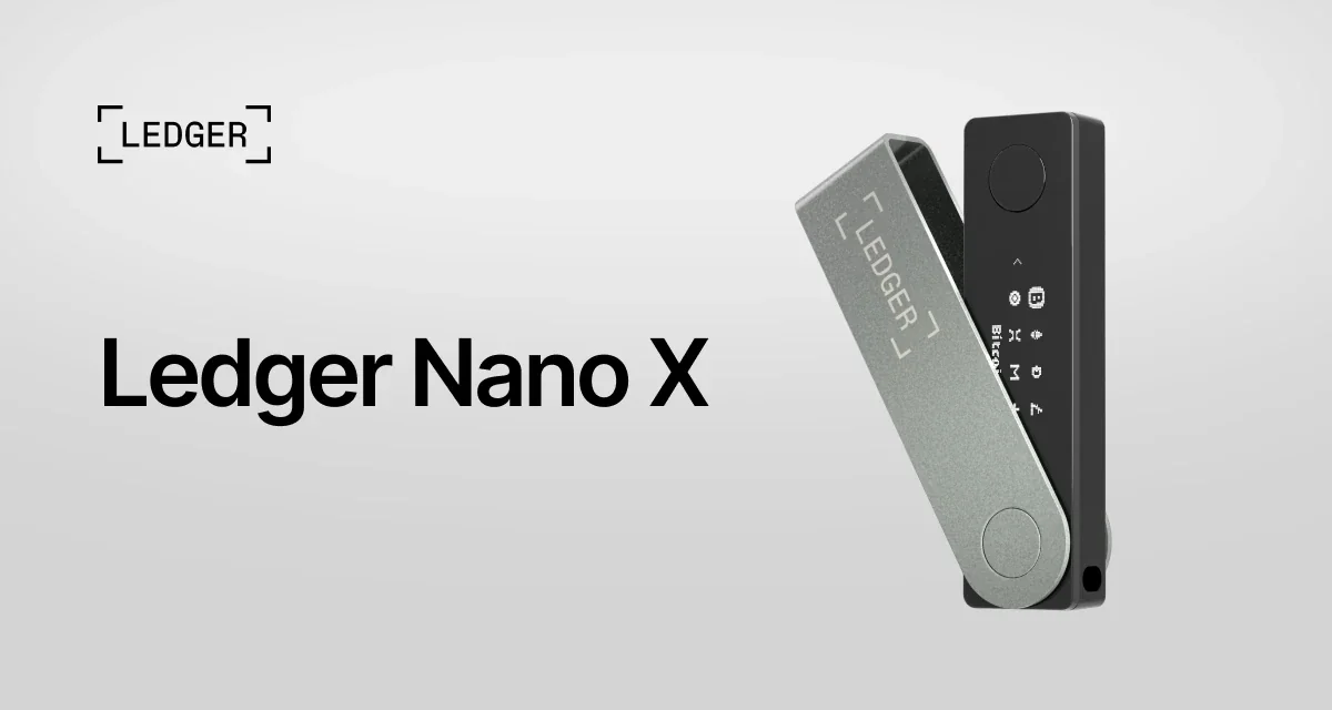 Ledger Nano X hardware wallet with its swivel cover open, beside the Ledger Nano X name