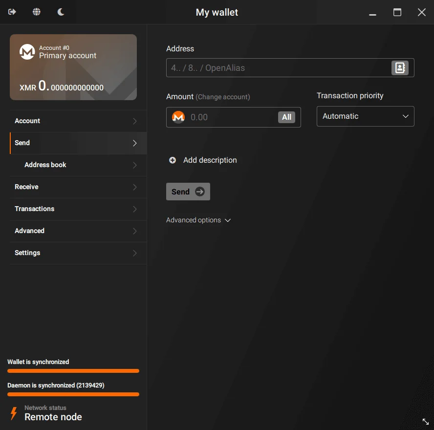 Official Monero GUI wallet Send screen with address, amount and transaction priority fields