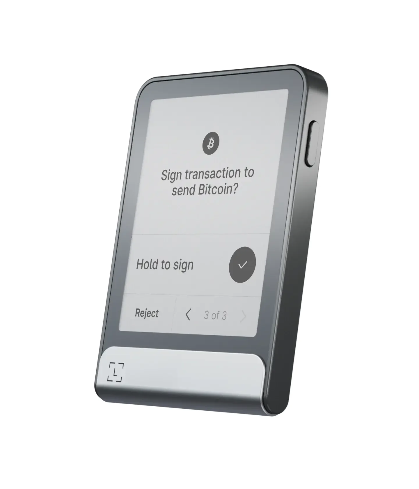 Ledger Flex hardware wallet showing a sign transaction prompt on its E Ink touchscreen
