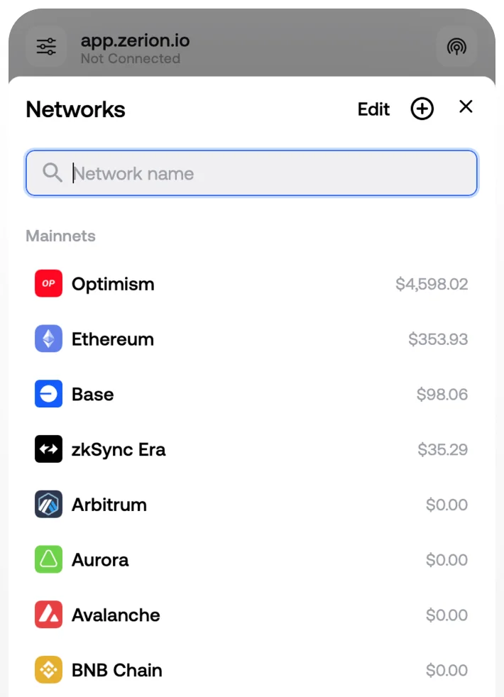 Zerion wallet networks screen listing balances on Optimism, Ethereum, Base and zkSync Era