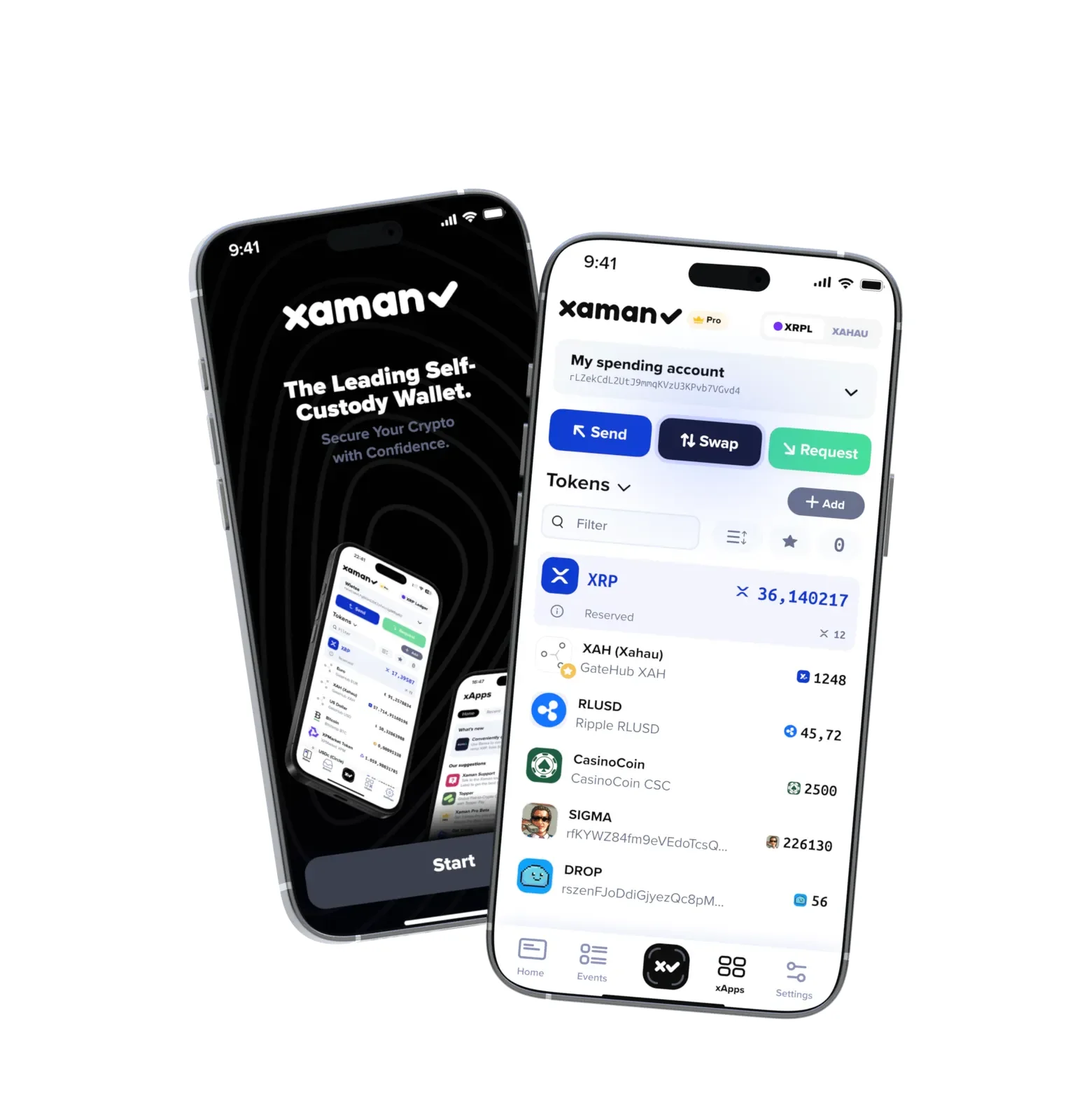 Xaman XRP wallet app on two phones, showing the start screen and an XRP Ledger account with Send, Swap and Request buttons