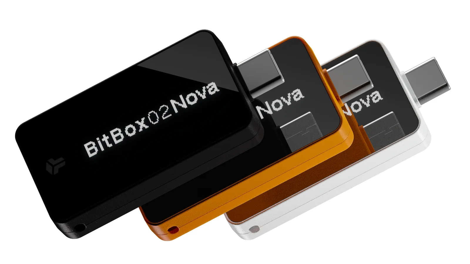 Three BitBox02 Nova hardware wallets in Midnight Black, Bitcoin Orange and Polar White fanned out on a white background