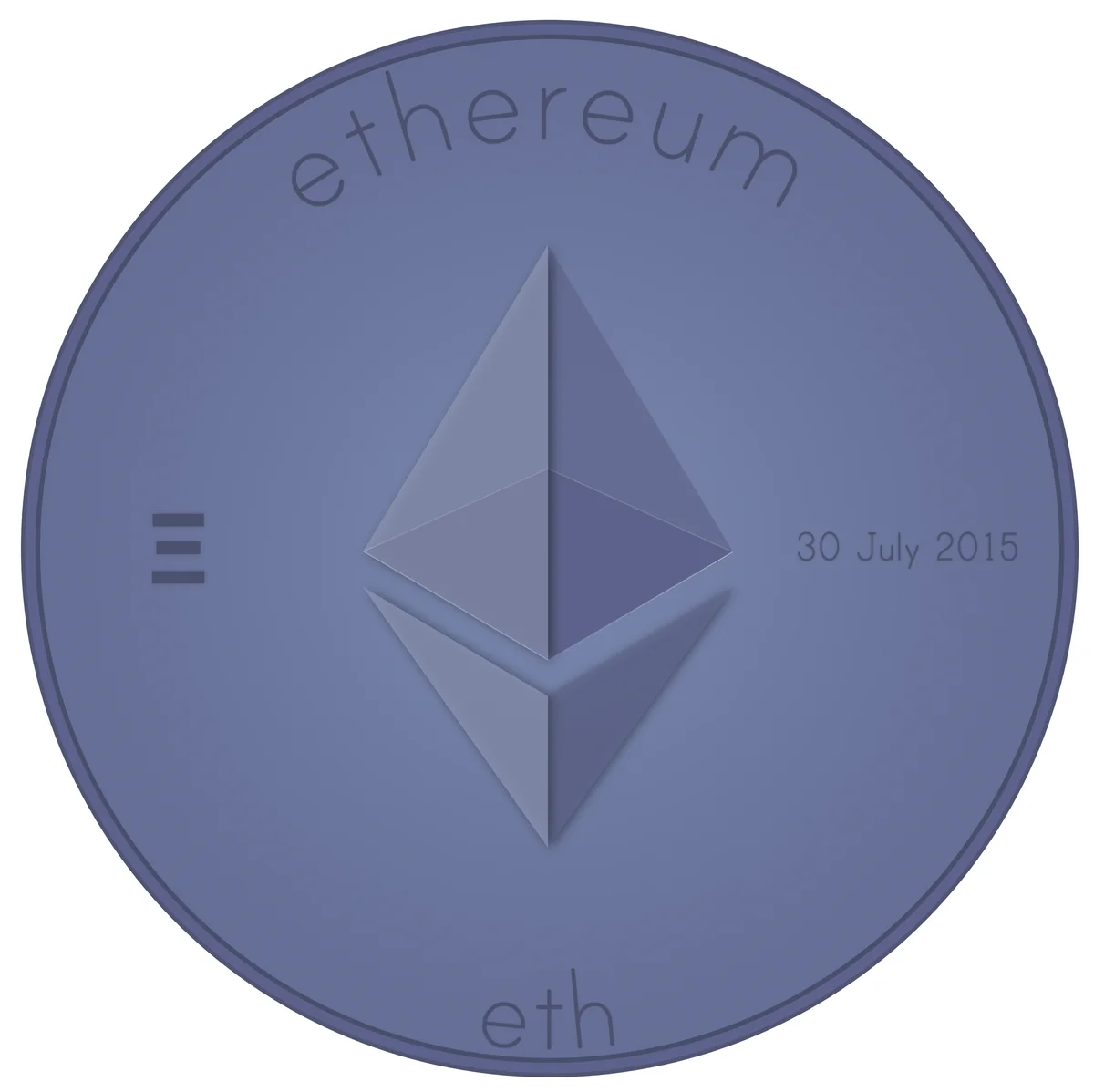 Illustrated blue Ethereum coin showing the ether diamond and the launch date 30 July 2015, for the Ethereum side of the Bitcoin vs Ethereum comparison