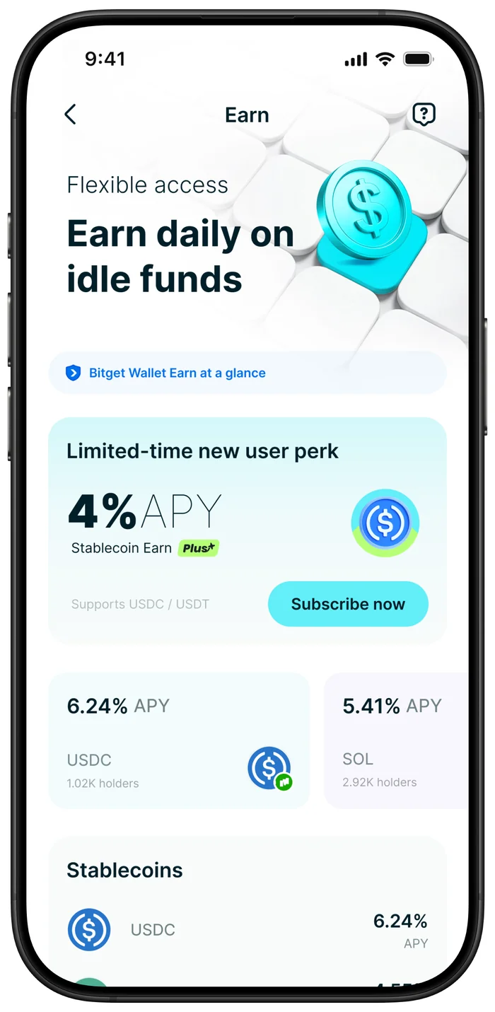 Bitget Wallet app Earn screen showing Stablecoin Earn Plus and stablecoin yields, official product screenshot