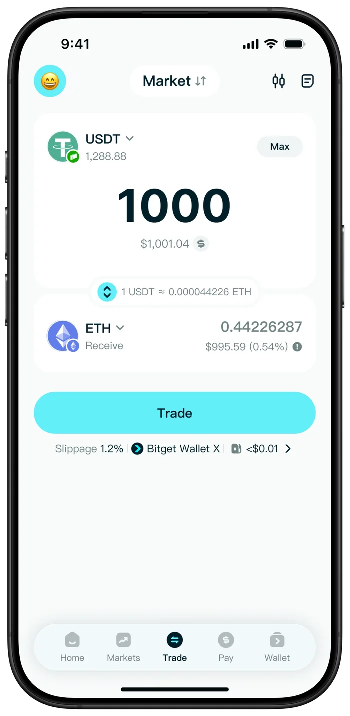 Bitget Wallet app Trade screen swapping USDT for ETH, official product screenshot