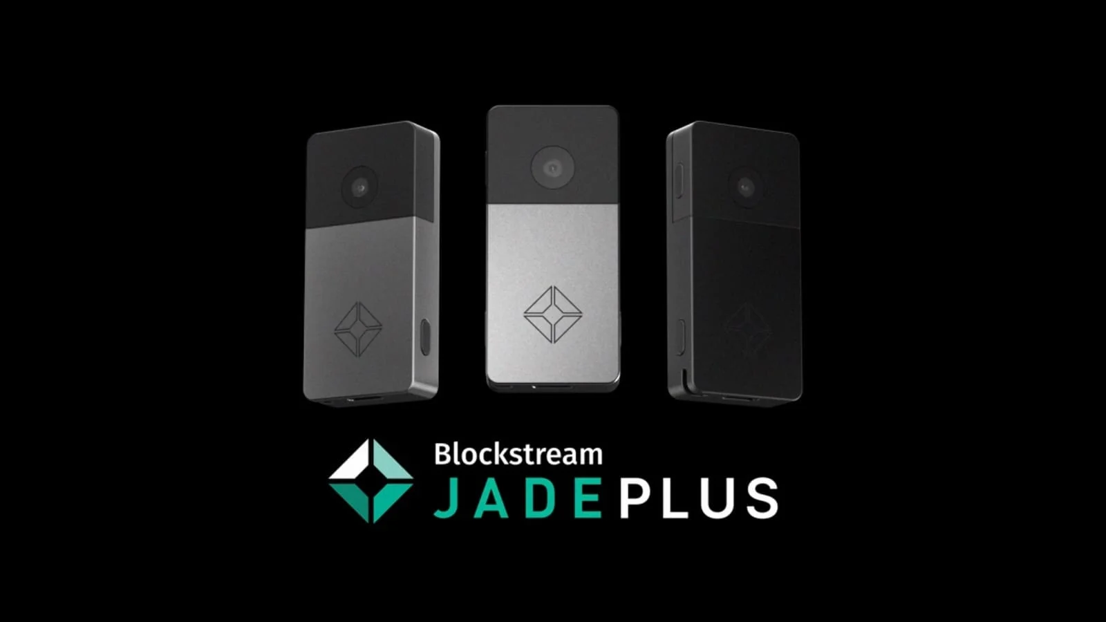 Three Blockstream Jade Plus hardware wallets in silver and black, shown front and back with the camera