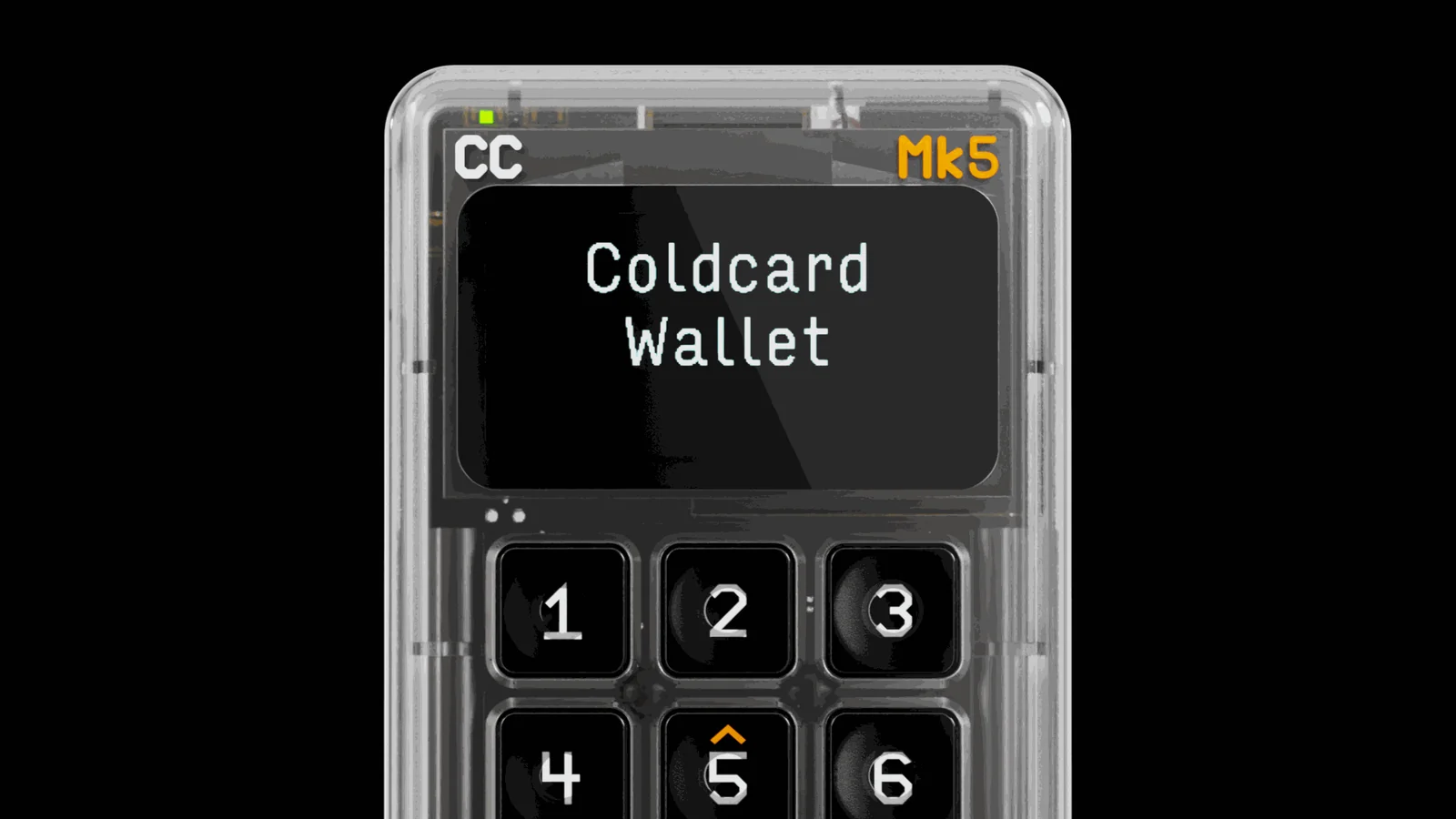 Close-up of the Coldcard Mk5 Gorilla Glass screen and top keypad row inside the clear case