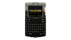 COLDCARD Q hardware wallet in the clear case, showing the colour screen and the full QWERTY keyboard