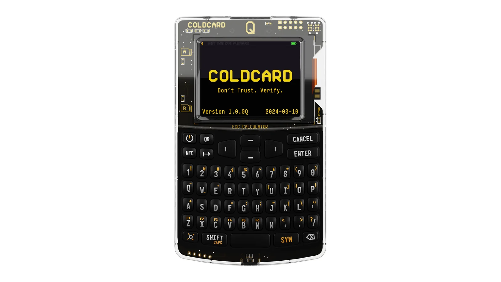 COLDCARD Q hardware wallet in the clear case, showing the colour screen and the full QWERTY keyboard