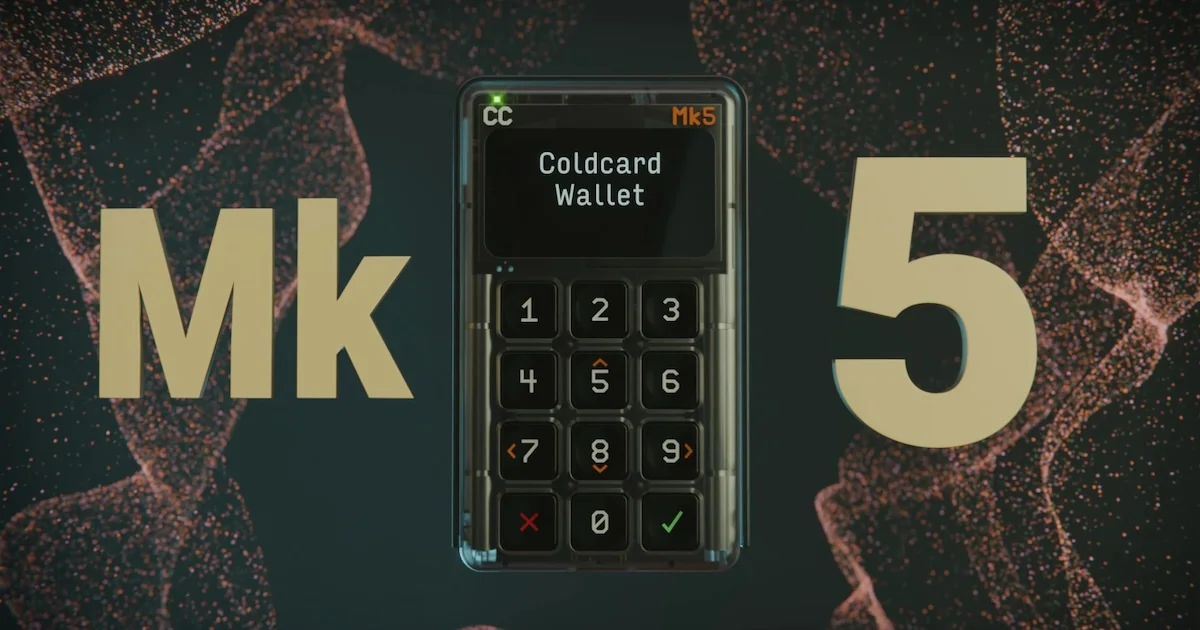 Coldcard Mk5 hardware wallet showing Coldcard Wallet on its screen above the numeric keypad