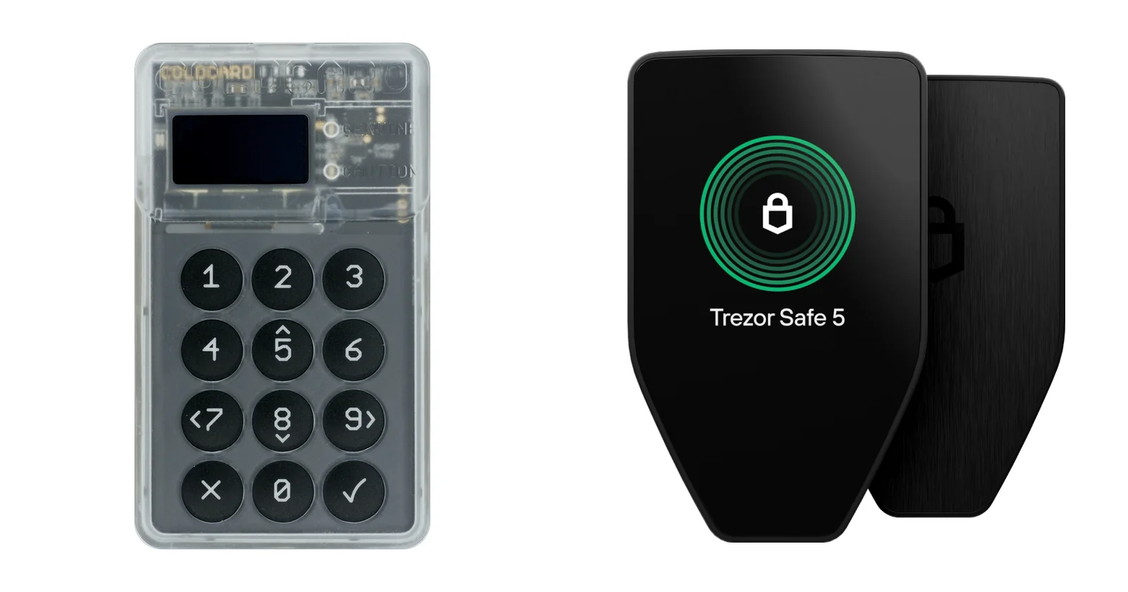 Coldcard hardware wallet with its clear case and numeric keypad next to a black Trezor Safe 5 hardware wallet