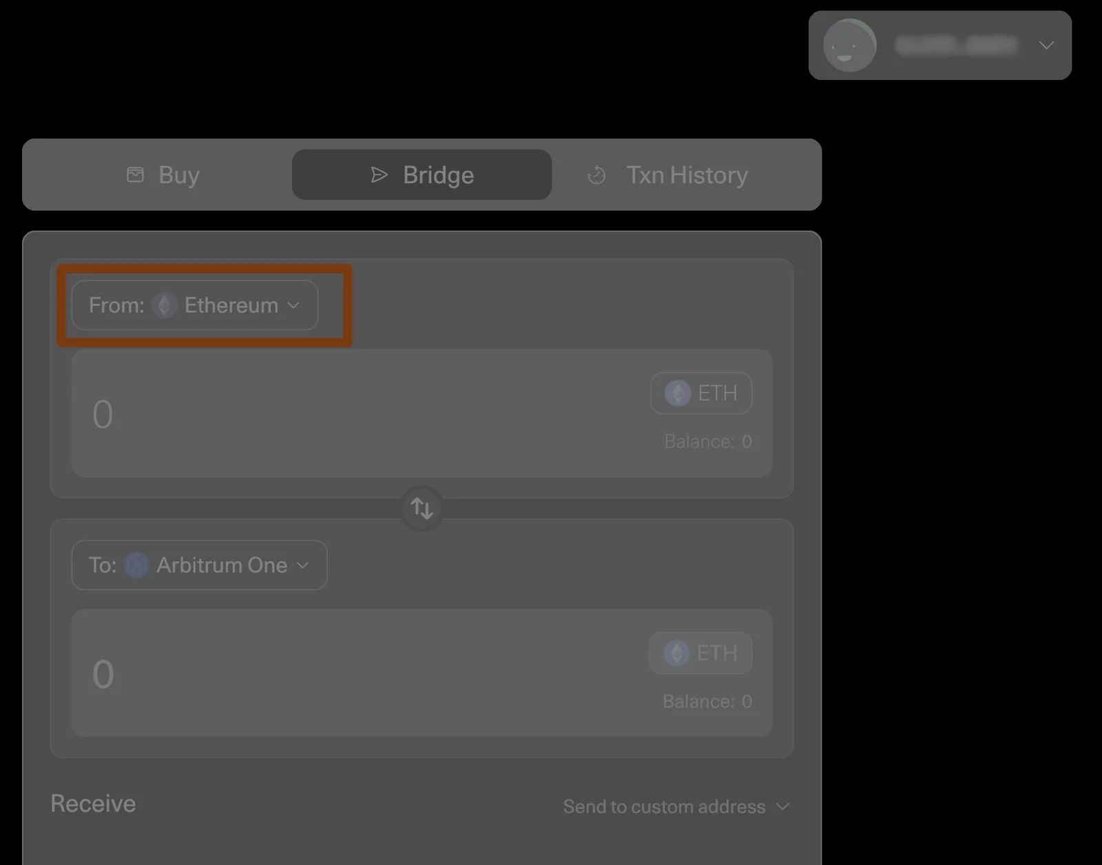 Arbitrum Bridge screen from the official Arbitrum docs, with From: Ethereum and To: Arbitrum One selected for an ETH deposit