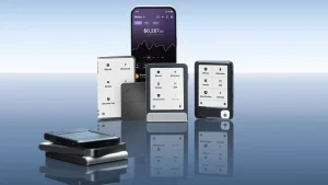 Ledger Wallet app on a phone behind Ledger touchscreen signers showing Bitcoin, Ethereum, Solana and XRP apps, where you find your Ledger wallet address