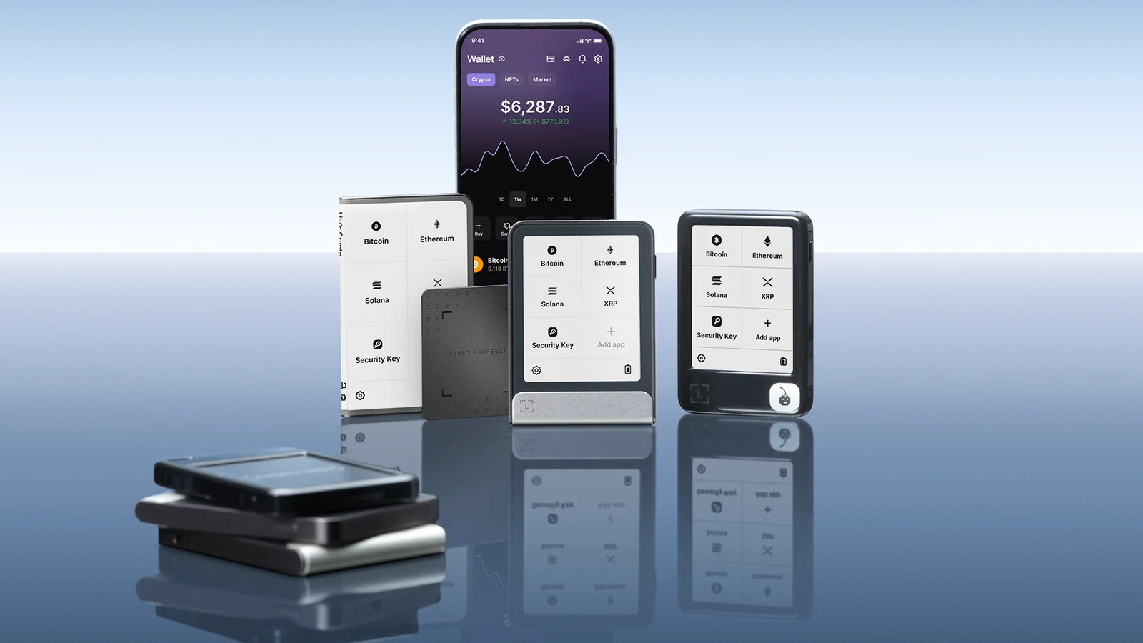Ledger Wallet app on a phone behind Ledger touchscreen signers showing Bitcoin, Ethereum, Solana and XRP apps, where you find your Ledger wallet address