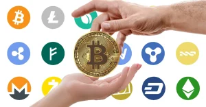 One hand passing a coin to another in front of cryptocurrency logos including Ethereum, illustrating how to send Ethereum to another wallet