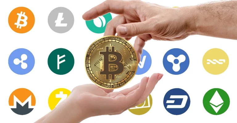 One hand passing a coin to another in front of cryptocurrency logos including Ethereum, illustrating how to send Ethereum to another wallet