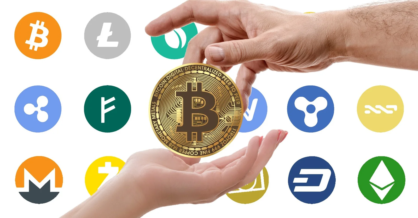 One hand passing a coin to another in front of cryptocurrency logos including Ethereum, illustrating how to send Ethereum to another wallet