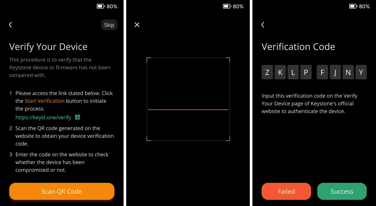 Keystone 3 Pro device verification screens showing Verify Your Device, the QR scanner and an eight-character verification code