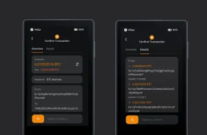 Two Keystone 3 Pro hardware wallets showing the Confirm Transaction screen with a Bitcoin amount, fee and sending addresses