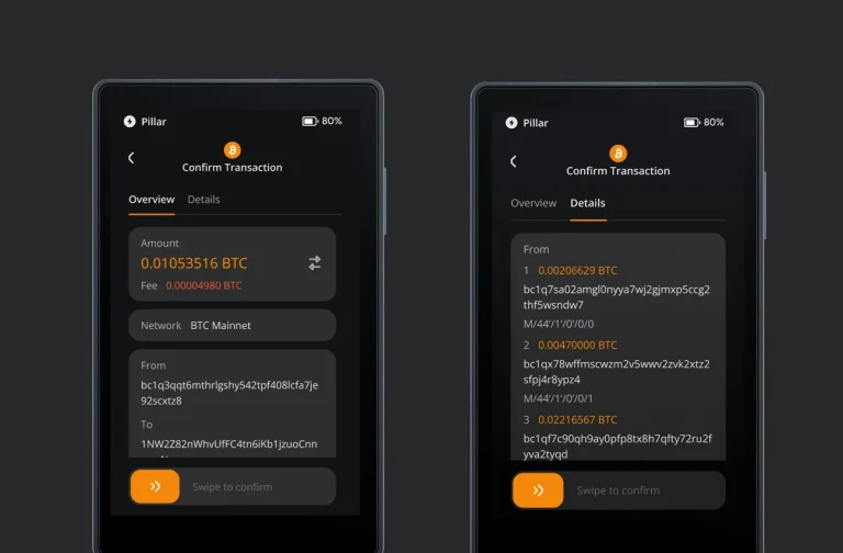 Two Keystone 3 Pro hardware wallets showing the Confirm Transaction screen with a Bitcoin amount, fee and sending addresses