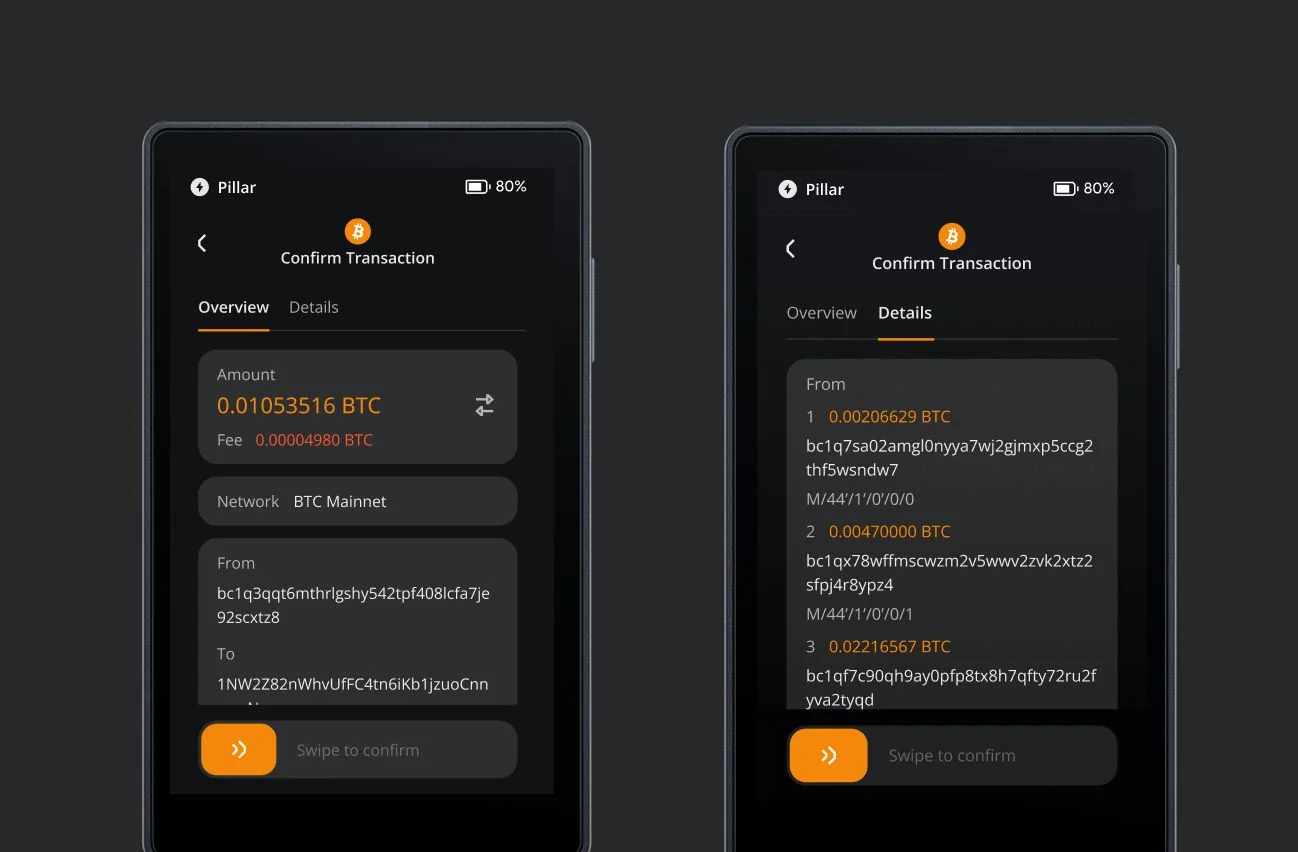 Two Keystone 3 Pro hardware wallets showing the Confirm Transaction screen with a Bitcoin amount, fee and sending addresses