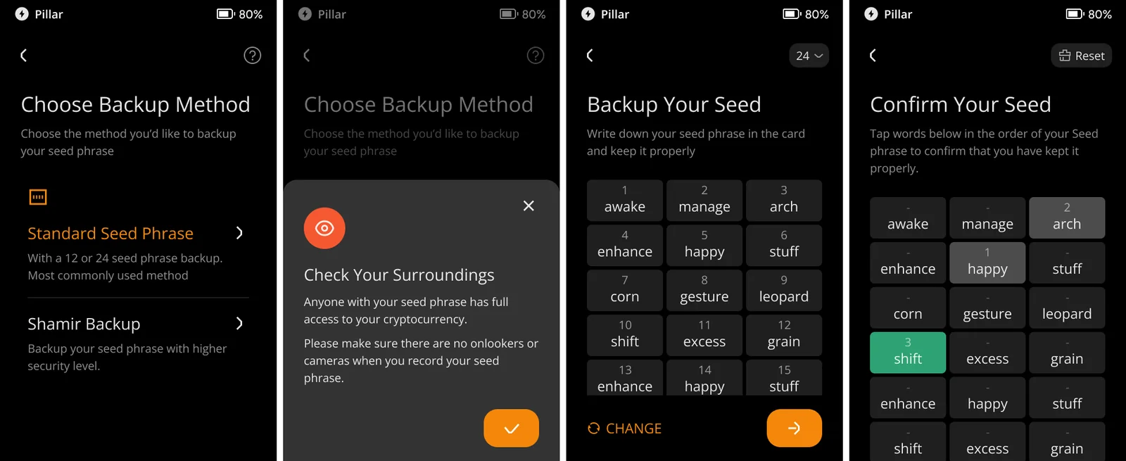 Keystone 3 Pro seed phrase screens showing Choose Backup Method, Check Your Surroundings, Backup Your Seed and Confirm Your Seed