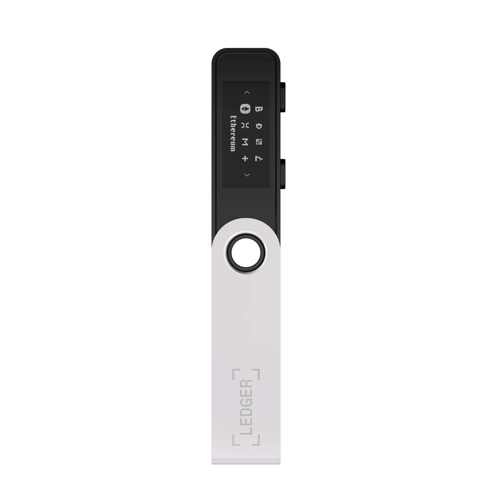 Front view of a Ledger Nano S Plus showing the app icons on its OLED screen and the two navigation buttons on the edge