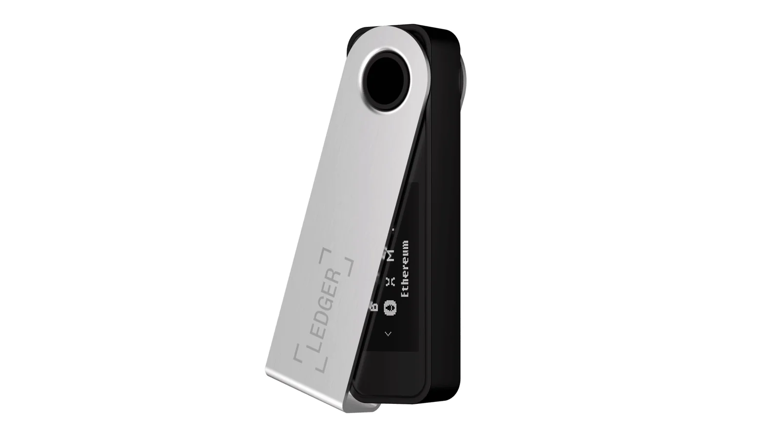 A Ledger Nano S Plus hardware wallet with its steel cover swivelled open, showing the small OLED screen