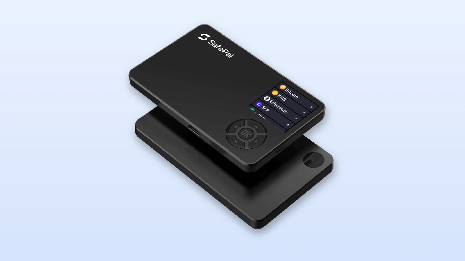 Two SafePal S1 hardware wallets stacked, the top one showing its color screen and OK button pad, on a light blue background