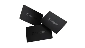 Three black Tangem Wallet cards from the 3 Cards Set on a white background