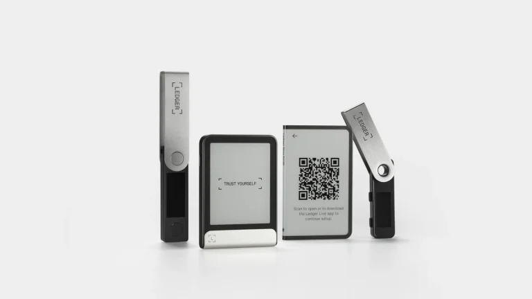 Ledger Nano X, Ledger Flex, Ledger Stax and Ledger Nano S Plus hardware wallets standing side by side, the devices that get Ledger OS firmware updates