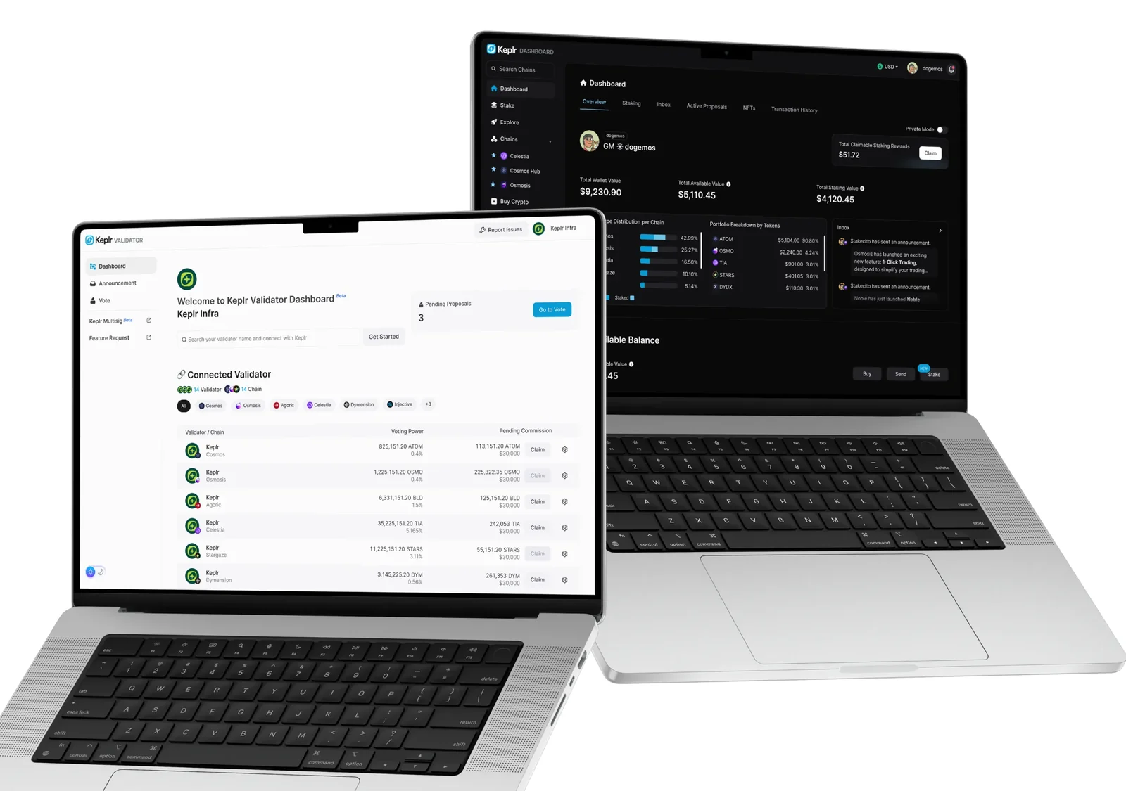 Keplr Dashboard and Keplr Validator Dashboard shown on two laptops in an official Keplr product render