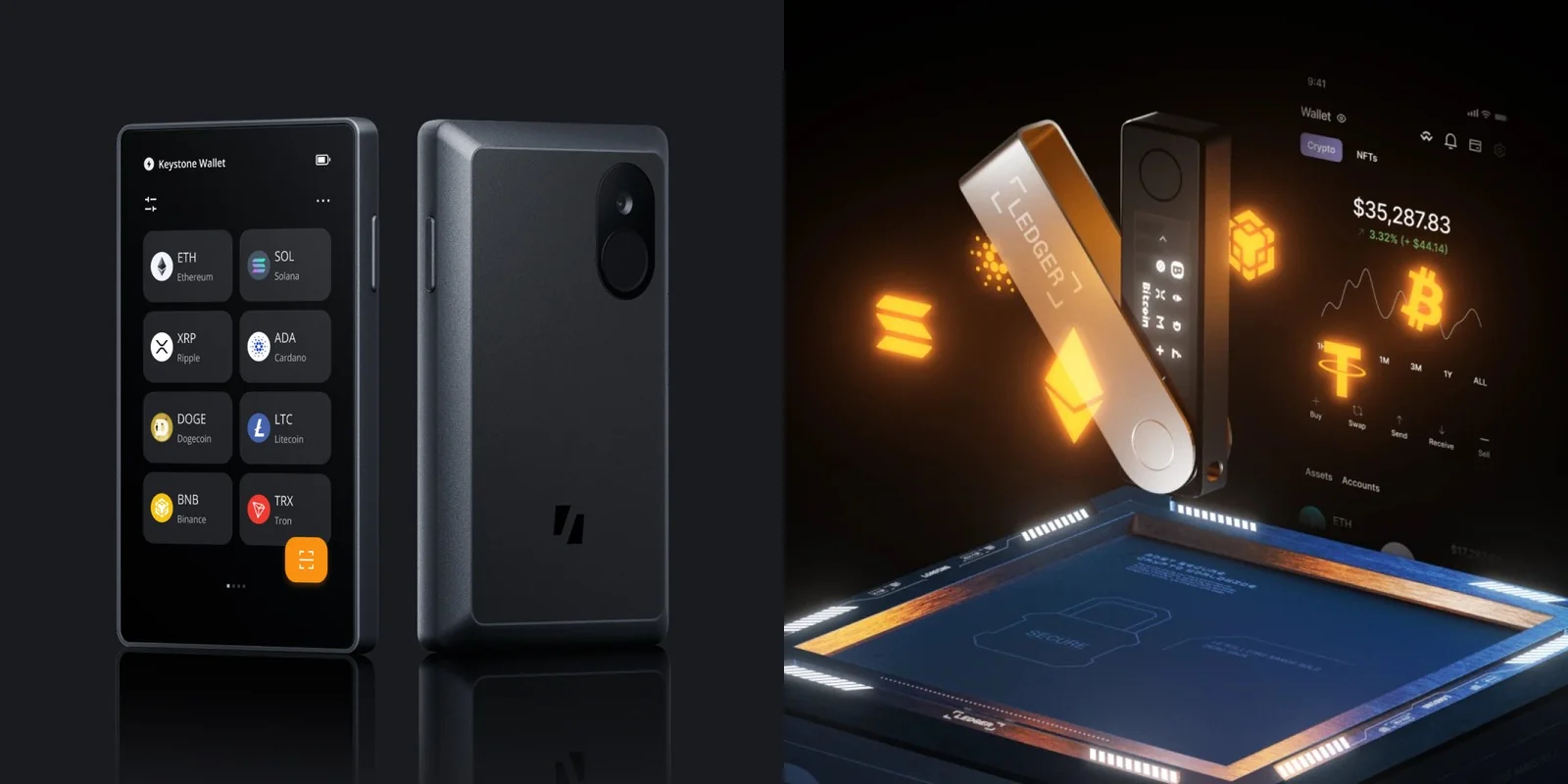 Keystone 3 Pro touchscreen wallet on the left and Ledger Nano X on the right, official product renders side by side