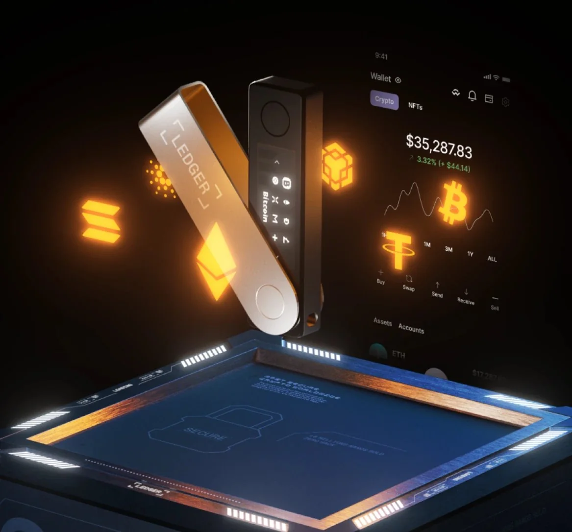 Ledger Nano X open and closed, next to the Ledger Wallet app portfolio screen