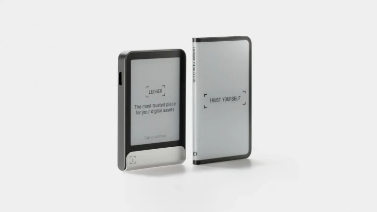 Ledger Flex and Ledger Stax standing side by side on a white background