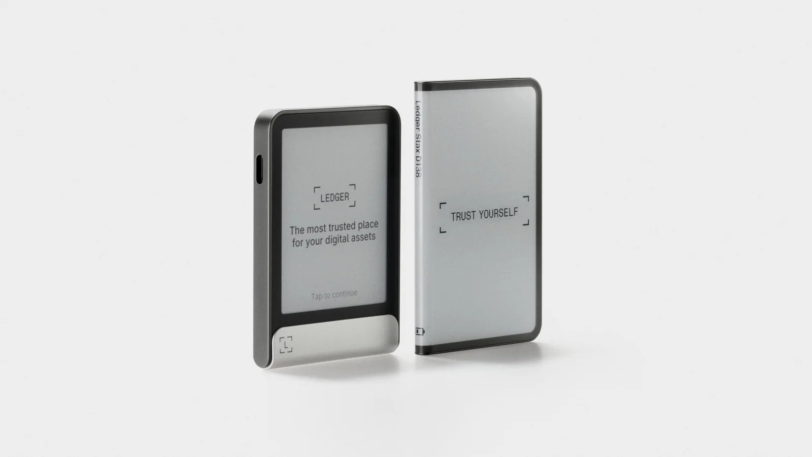 Ledger Flex and Ledger Stax standing side by side on a white background