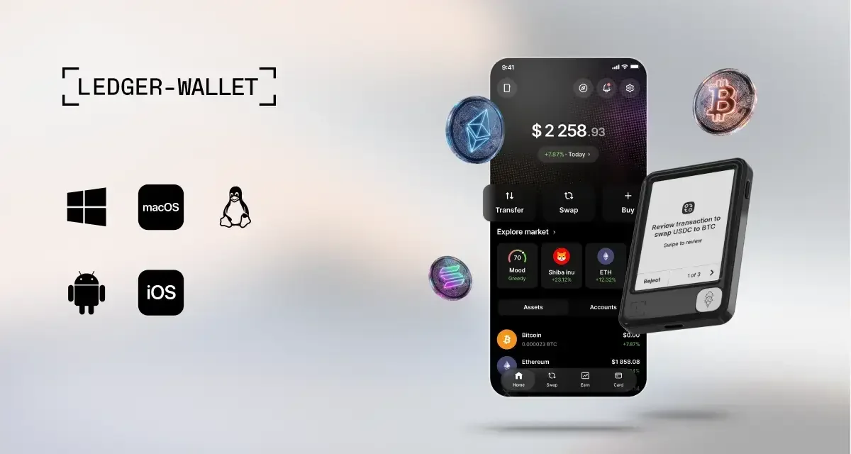 Ledger Wallet banner showing Windows, macOS, Linux, Android and iOS icons beside the app and a Ledger Flex asking to review a swap